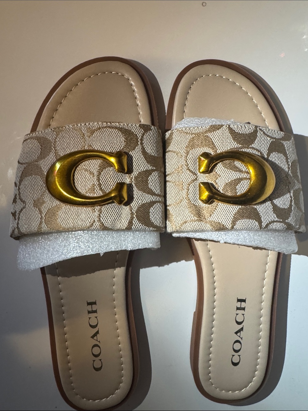 Coach Beige Monogram Slide Sandals with Gold C Hardware - Picture 3 of 5